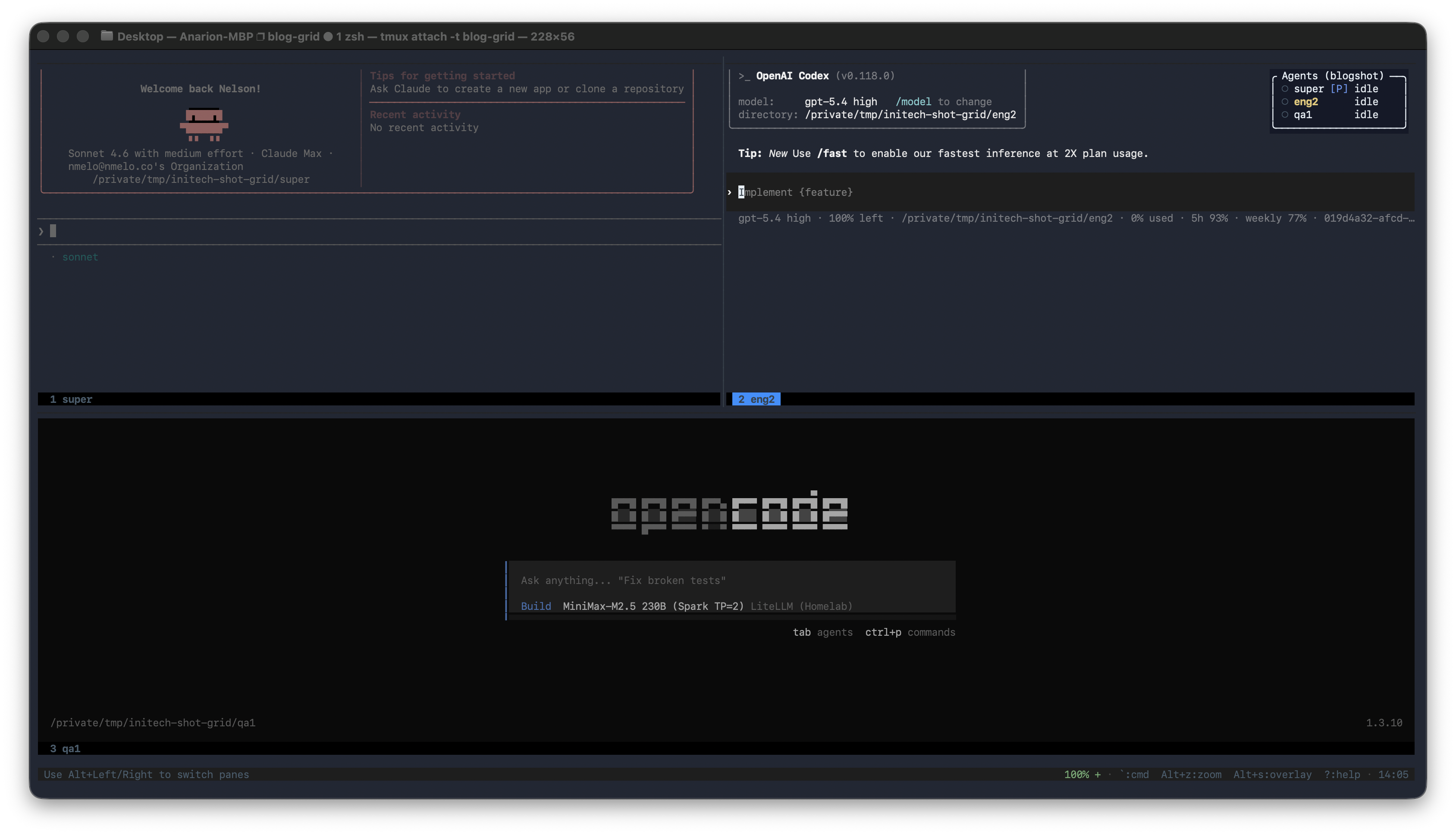 Claude Code, Codex, OpenCode 패인이 함께 보이는 initech 그리드